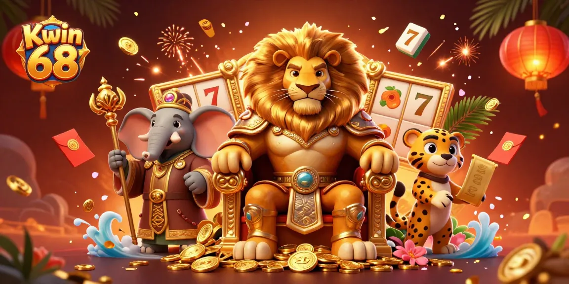 Kwin 68 showcases an exhilarating casino scene with a lion king, elephant advisor, and cheetah, amidst slot reels and gold coins.