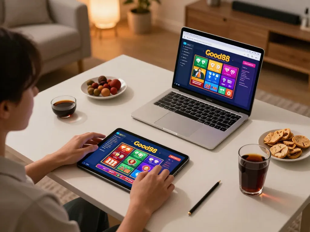 Engaging online gaming at home with Good88 tablet setup and vibrant graphics