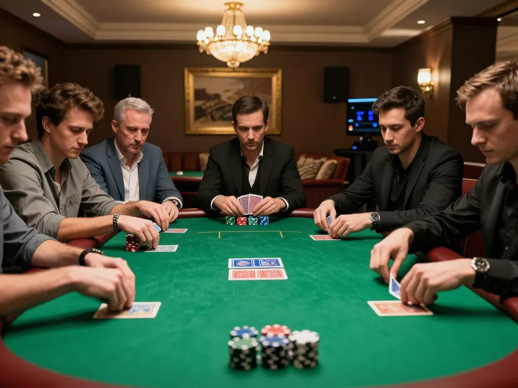 Players engaging in high-stakes poker at a rokok88 table, showcasing intense strategy and competitive atmosphere.