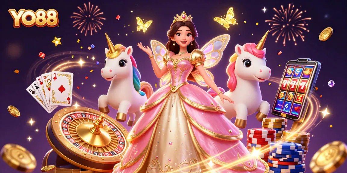 Play exciting games at YO88 with glamorous visuals featuring a princess and a golden unicorn amidst casino elements.