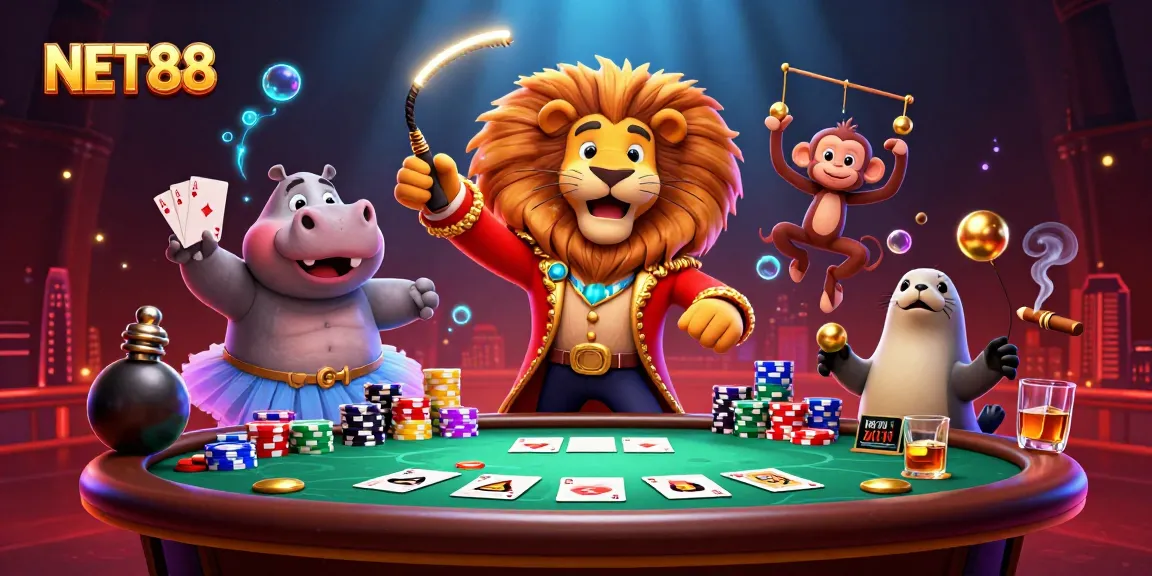 Experience the excitement of NET88 with vibrant casino characters and dynamic gaming elements.