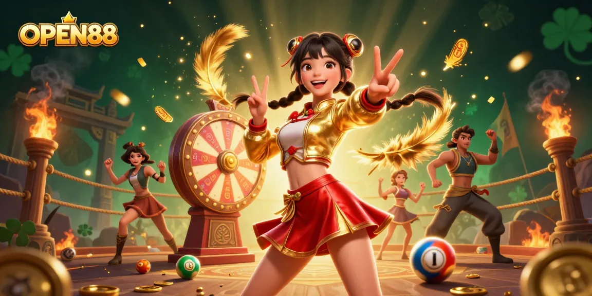 Experience the thrill of OPEN88 with vibrant games, featuring a joyful Asian woman amidst colorful casino elements.