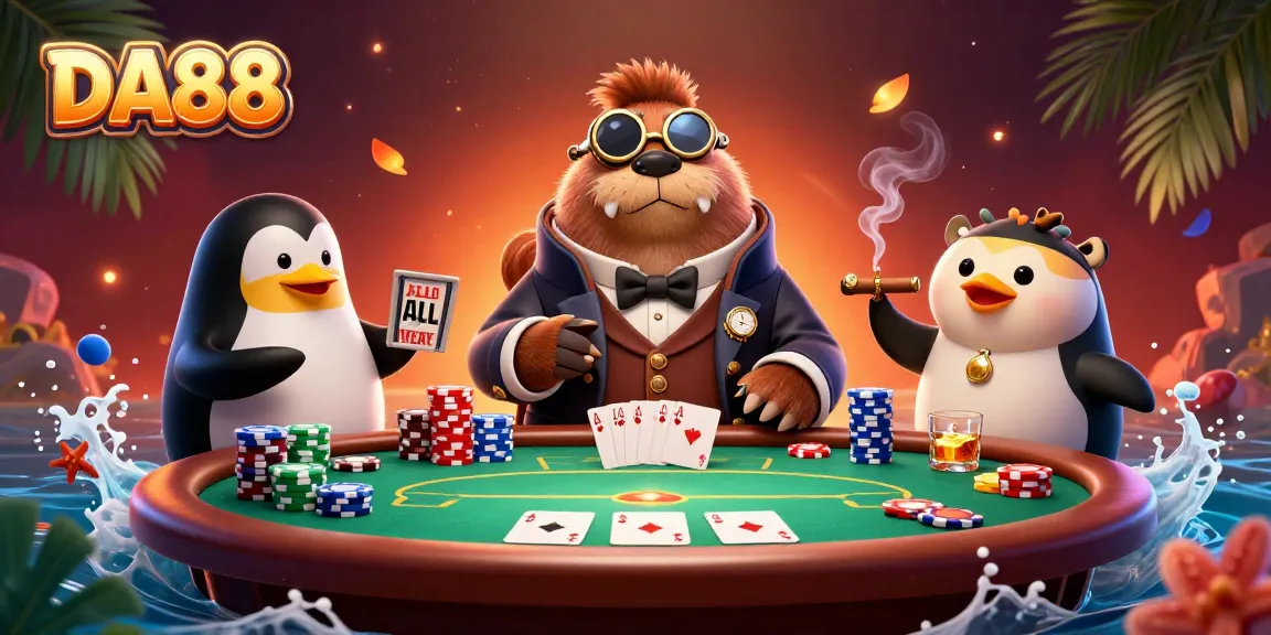 Engage in poker action with DA88 at a vibrant underwater casino scene featuring animated characters.