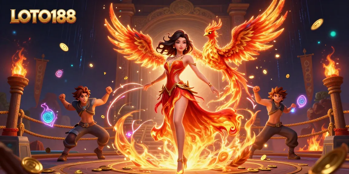 LOTO188 offers thrilling casino experiences featuring a stunning Asian woman in a flame-like gown.