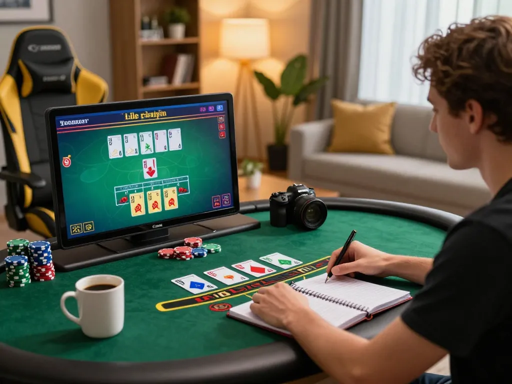 Engaging online gambling experience with a debet-focused player enjoying live blackjack on a tablet.