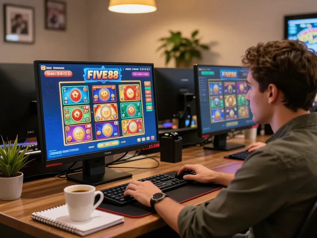 The five88 online casino gaming setup showcases a player engaging with a vibrant gaming interface for a strategic gambling experience.