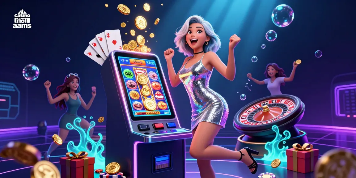 Gioca e vinci al casino non aams; scena vibrante in 3D con una donna celebre a una slot machine.