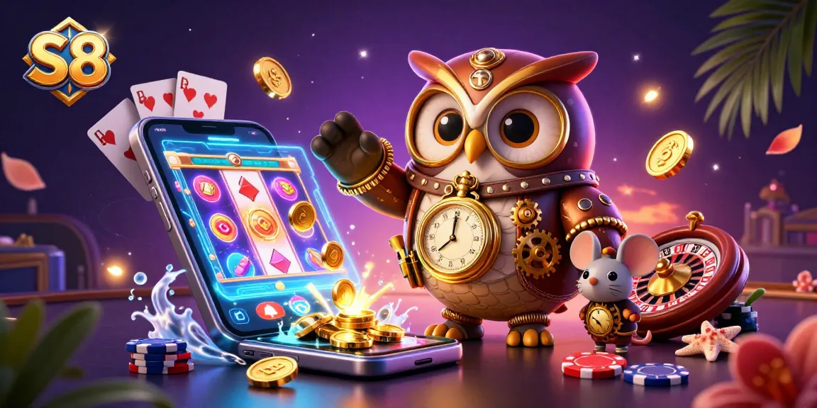 S8 interactive casino scene featuring vibrant slot games, golden coins, and an animated time-traveler owl.