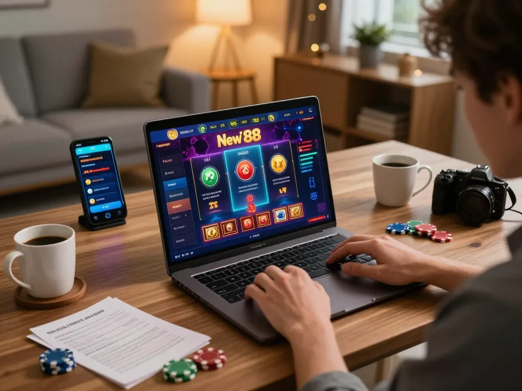 Player engaging with New 88 online casino on a laptop, showcasing dynamic gameplay and betting strategy.