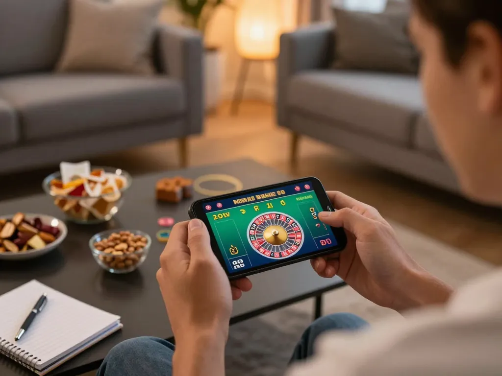 MAY88n mobile casino gaming experience showcasing live dealer roulette on a smartphone in a cozy home setting