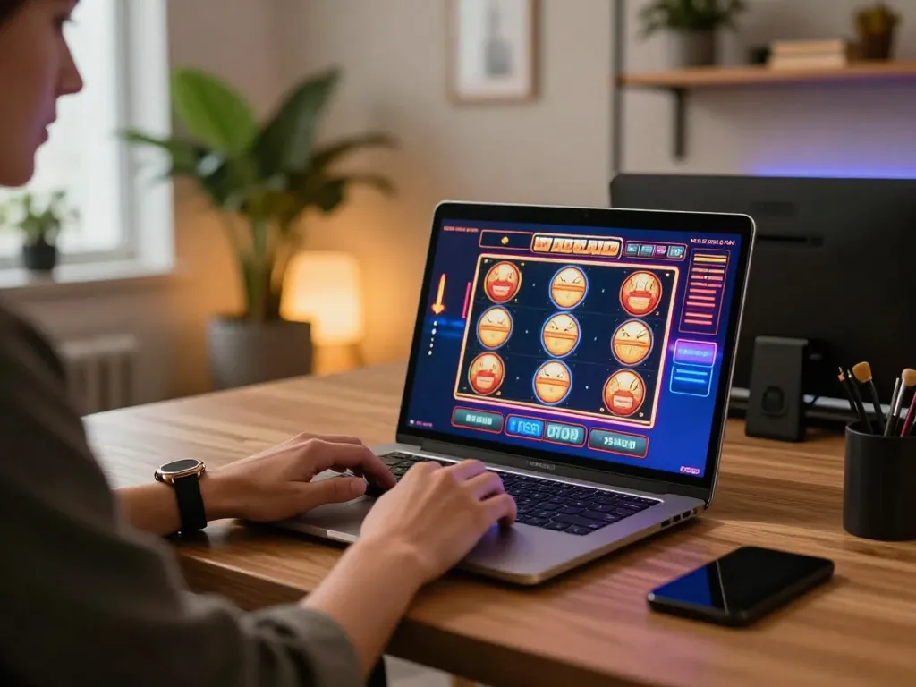 Engaging in online gaming at DN88 with a colorful slot machine screen illuminated in a cozy setting.