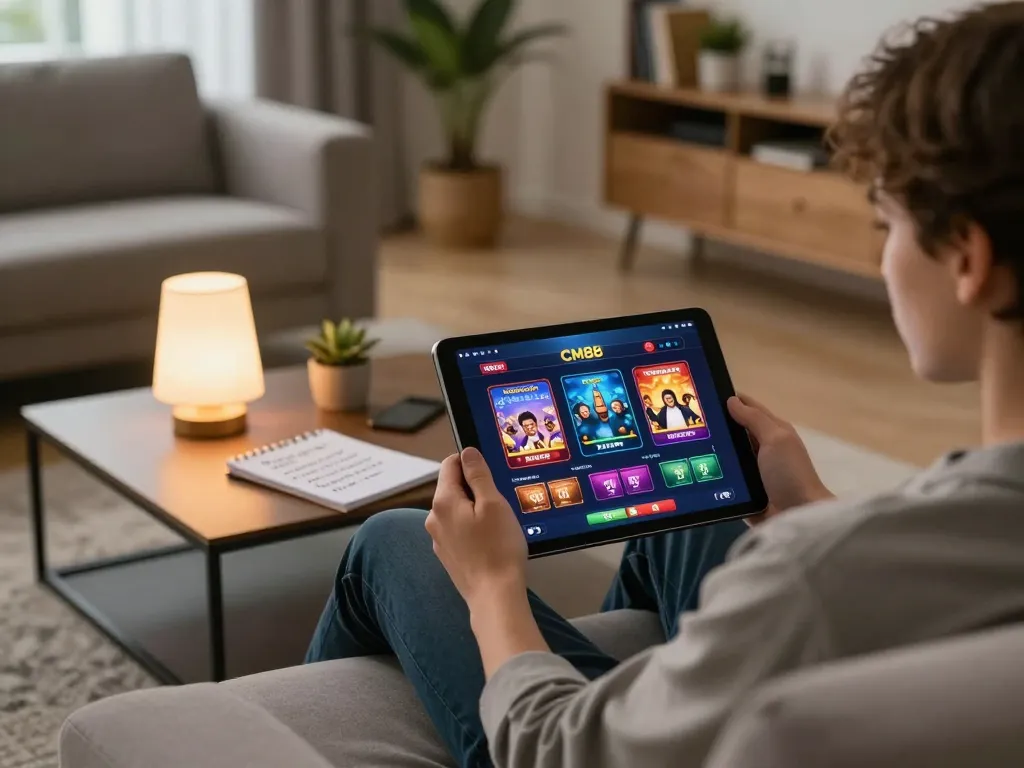 Nạp tiền CM88 effortlessly using a tablet in a cozy home gaming setup with strategic notes visible.
