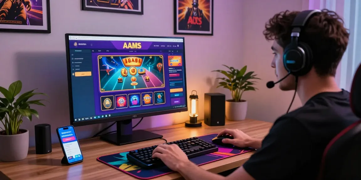 Giocatore che si diverte con casino non aams sicuri online in un vivace ufficio domestico, mostrando gadget da gioco e un'atmosfera vivace.