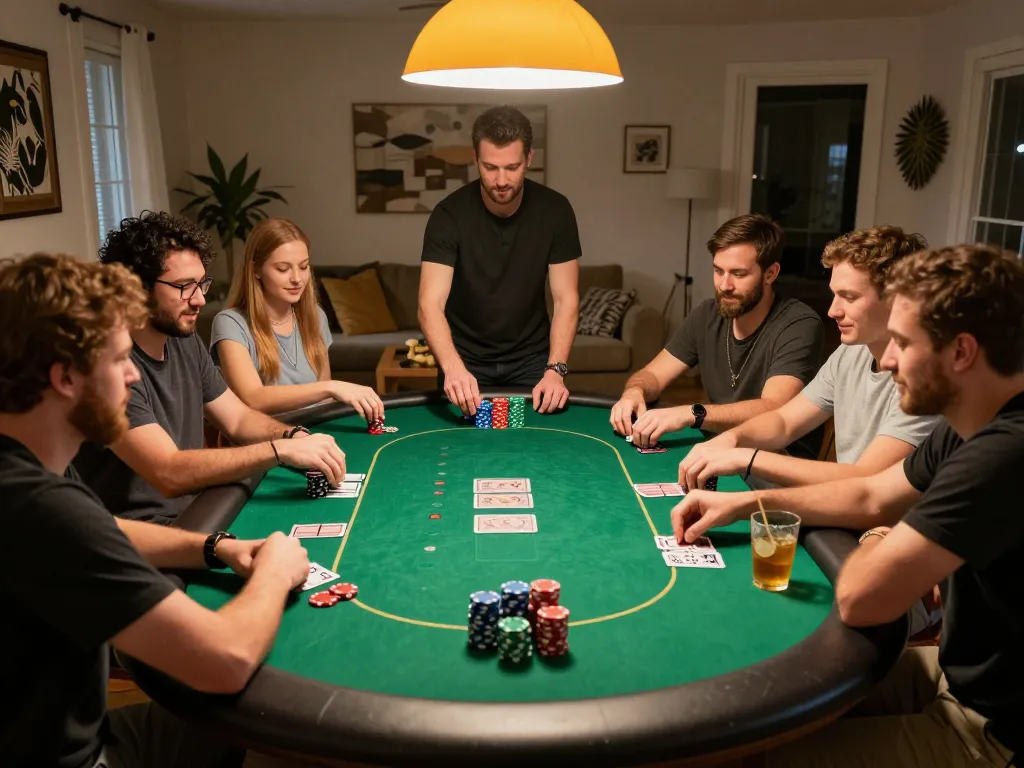 Players enjoying a friendly poker game at home, LODE88 strategies in play.