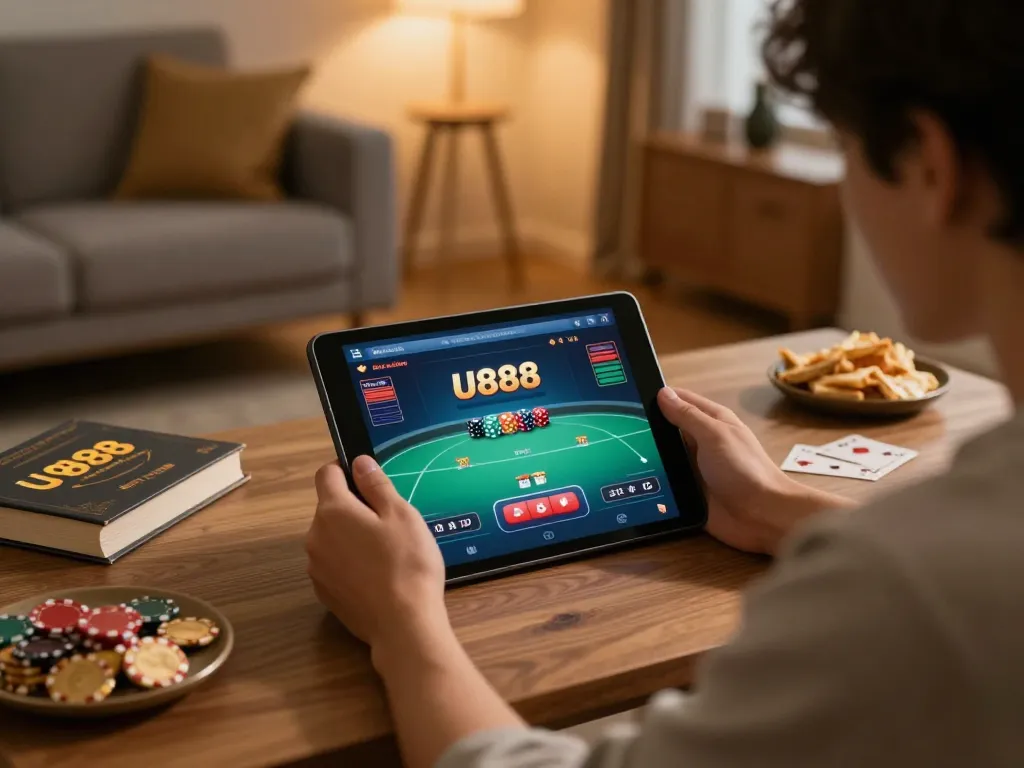 Player enjoying U888 poker game on tablet in cozy home setting, emphasizing responsible gambling