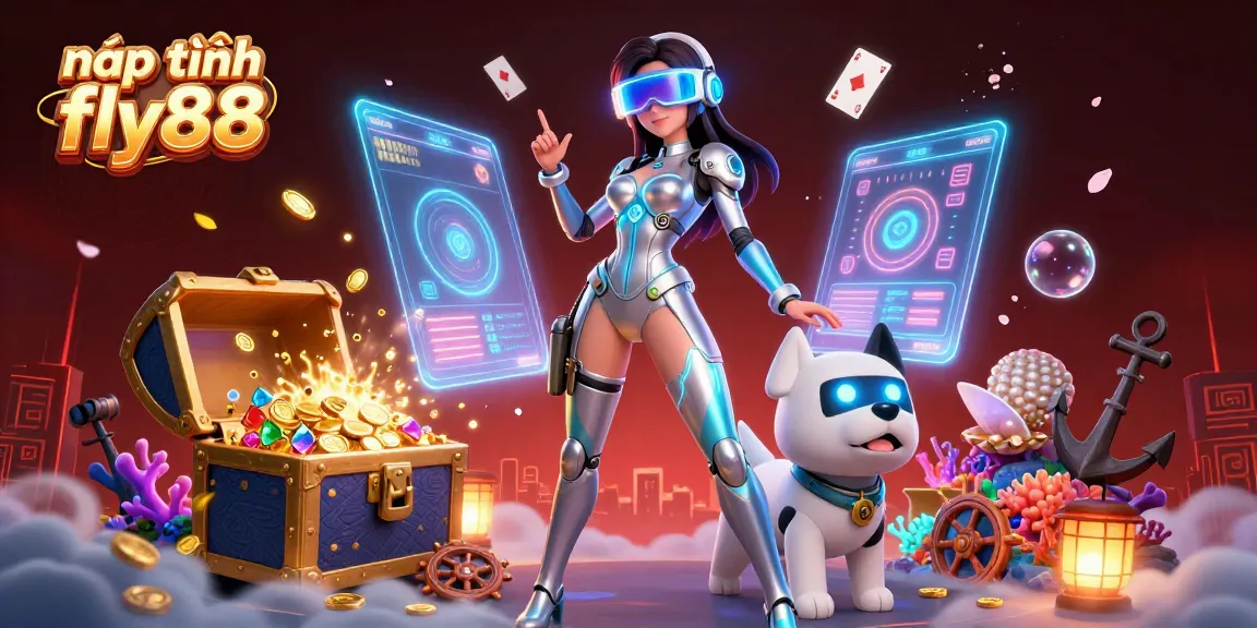 Engage in nạp tiền fly88 with a futuristic scene featuring a woman and a robot dog amidst vibrant gaming elements.