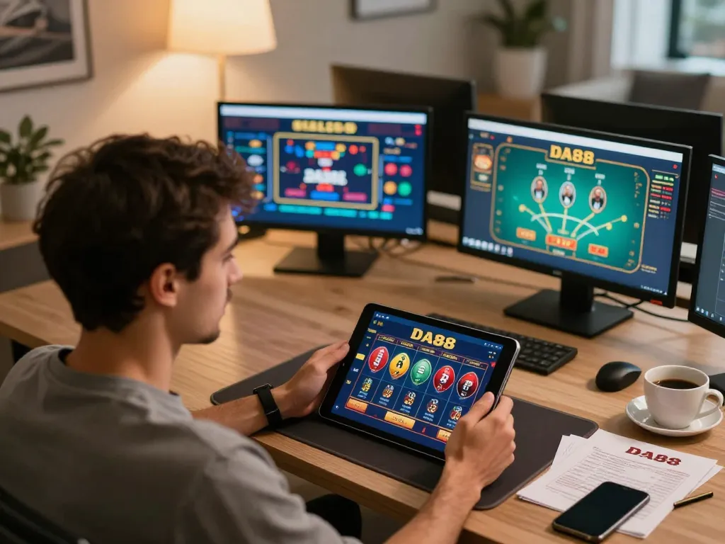 Engaging player using DA88 app for strategic betting in a cozy home office