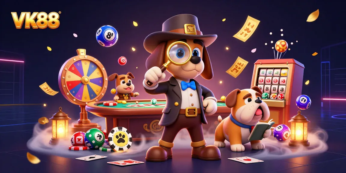 VK88 scene showcasing a detective and bulldog amid poker chips, cards, and vibrant lottery elements.