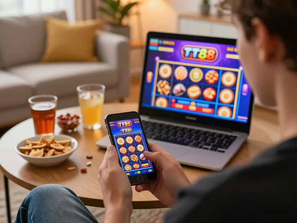 Engaging in mobile gambling with TT88 logo, illustrating excitement while gaming at home. tt88 lừa dảo concerns addressed through responsible gambling practices.