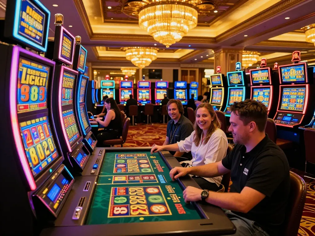 Players enjoying Lucky 88 slot machines amid a vibrant casino atmosphere.