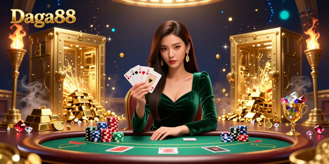 Daga88 engages players at a vibrant poker table, surrounded by shimmering treasures and casinos elements.