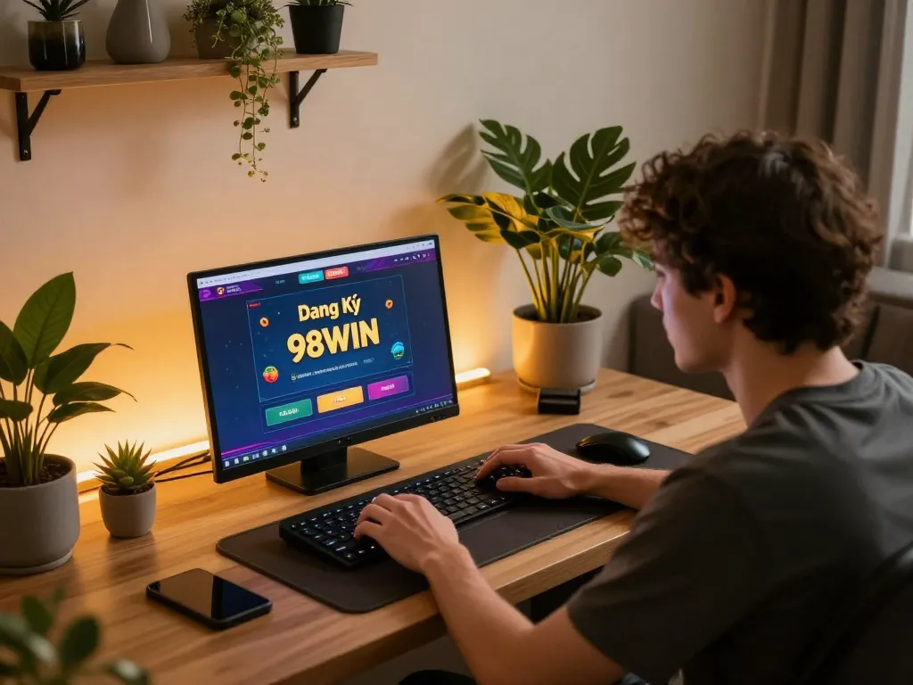 Engaging online gaming session for Đăng Ký 98WIN, featuring a player at home.