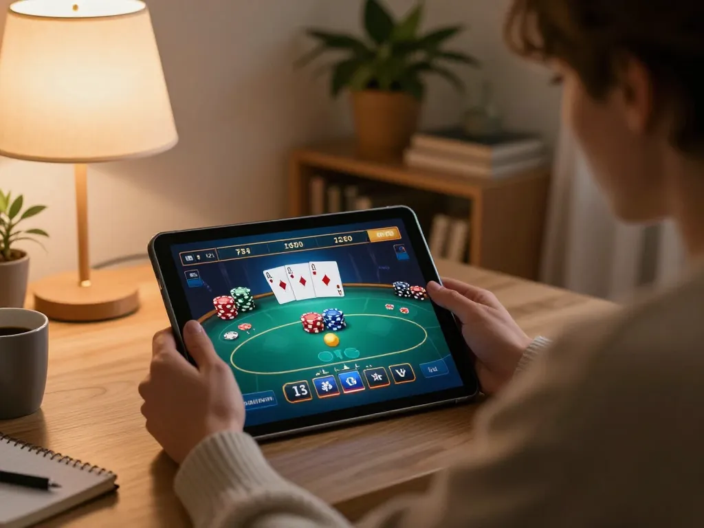 Engaging with lc88 poker game on a tablet in a cozy home setting, demonstrating online gambling