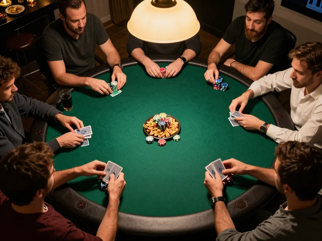 Active poker game at home highlighting 789Club's friendly social atmosphere with players engaged in betting.
