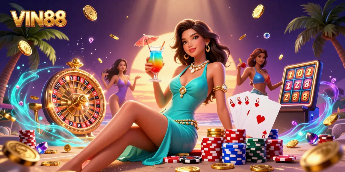 Experience thrilling gameplay at VIN88, featuring dynamic slot action and stunning tropical scenery.