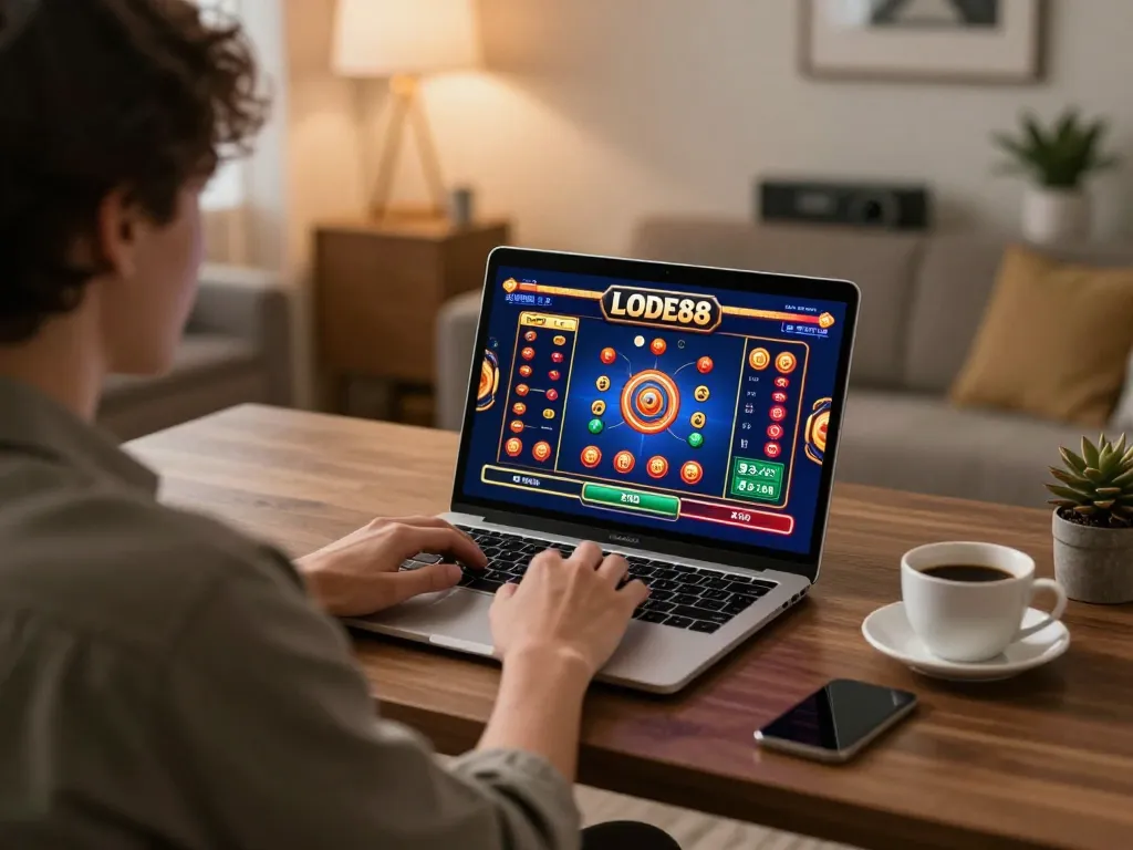 Engaging gameplay on LODE88 displayed on a laptop in a modern home office setting, emphasizing responsible gaming.