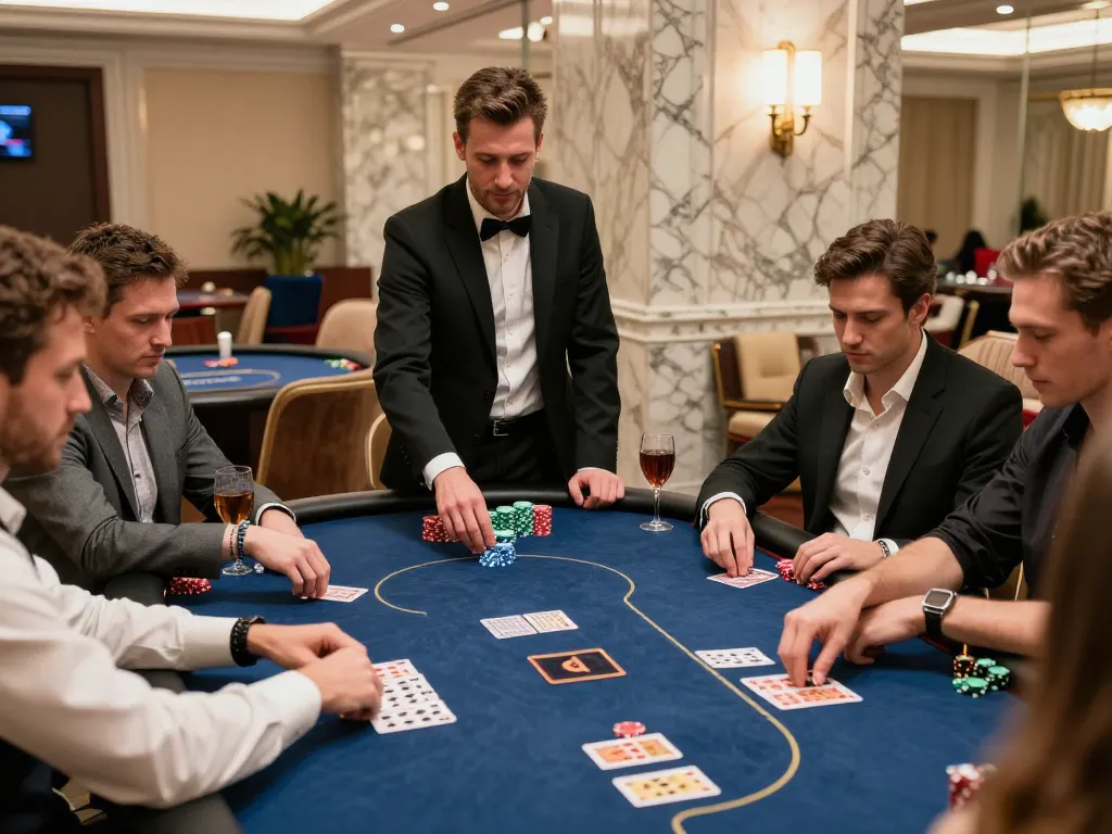 VK88 high-stakes poker game featuring elegant players and luxurious setting, capturing strategic gameplay.