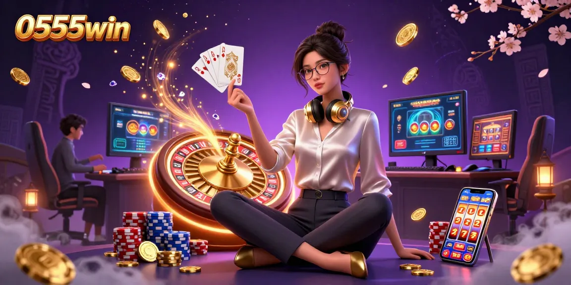 Experience thrilling casino games at 0555win, featuring a professional gamer in a dynamic and luxurious 3D setting.