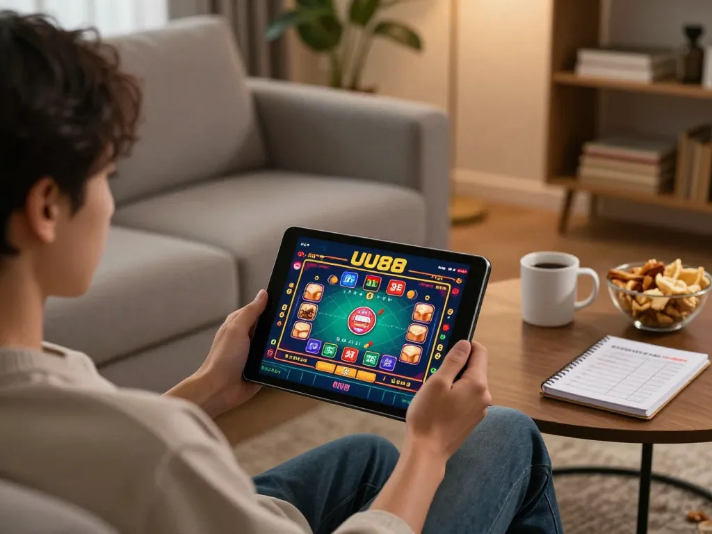 Engaged player enjoying online casino gaming at trang chủ uu88 on tablet in cozy home setting.