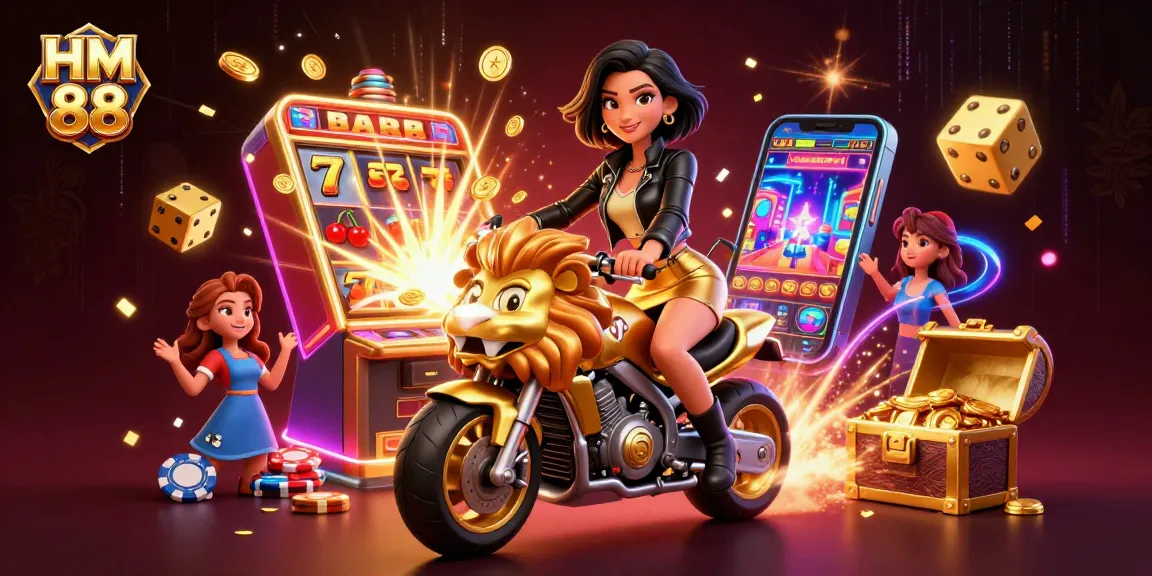 Experience excitement with HM 88 as a stunning Asian woman rides a golden lion mascot amidst casino action.