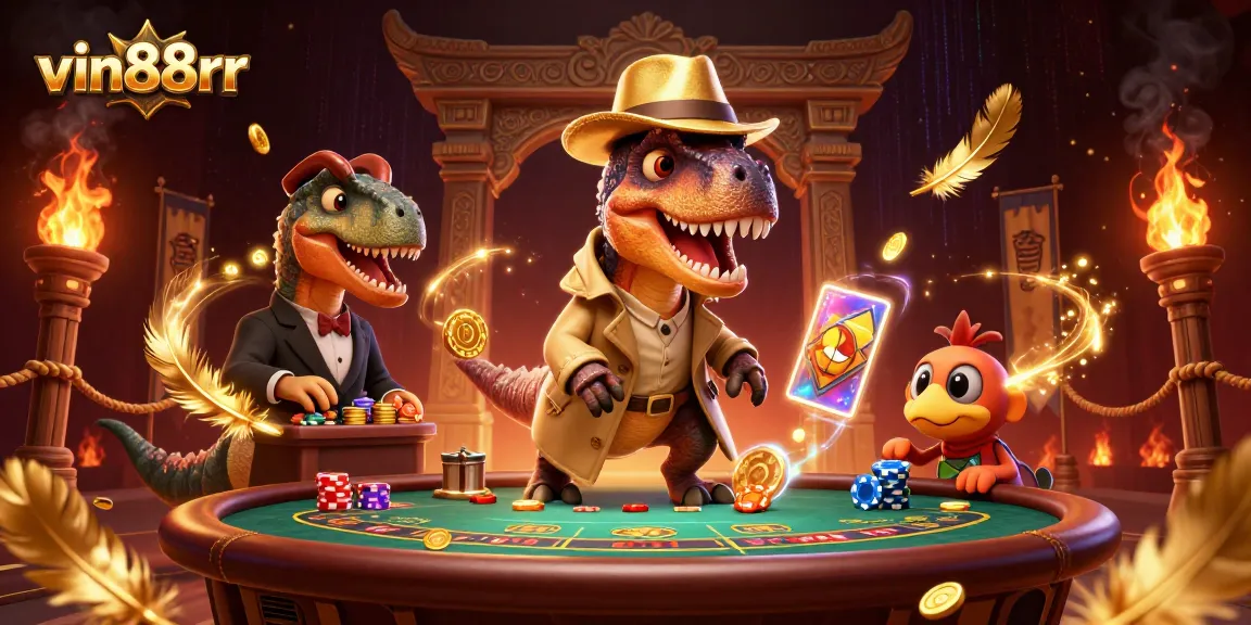 Engage in a thrilling game alongside vin88rr, a clever velociraptor at a blackjack table.