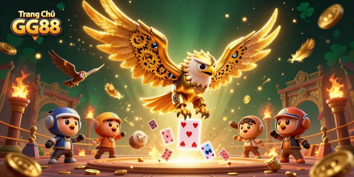 Experience the action at Trang Chủ GG88 with a captivating scene featuring a golden eagle navigating through holographic cards amidst vibrant casino elements.