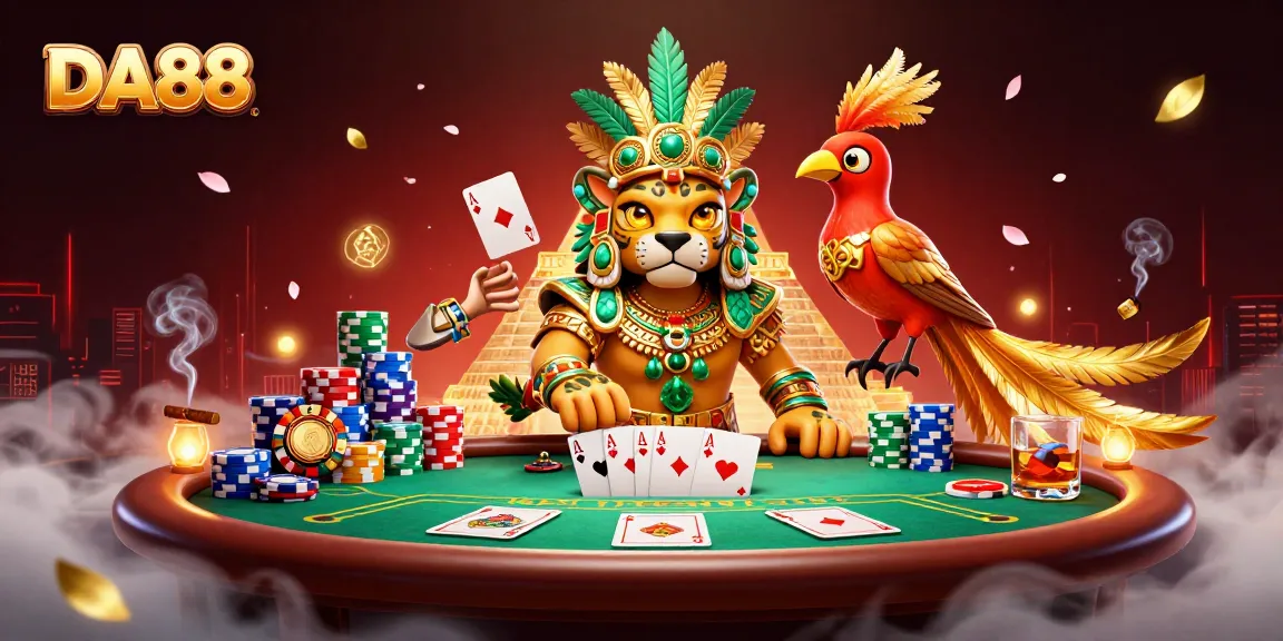Engage with DA88 as the mascot of a lively poker scene featuring a Mayan jaguar priest and friends.