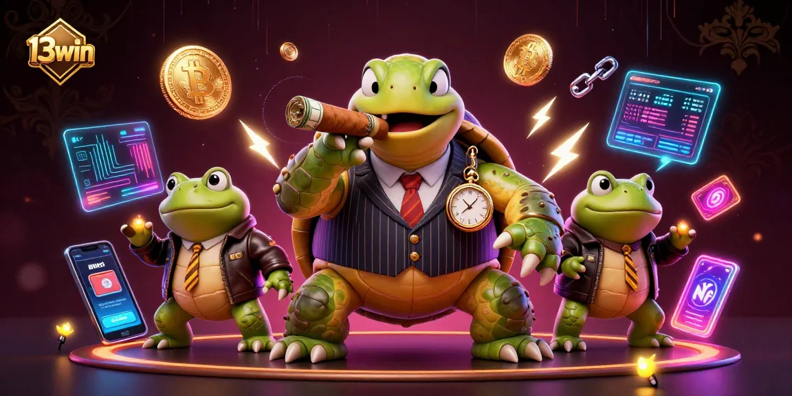 Engage with 13win's vibrant online casino scene showcasing a snapping turtle and bullfrog characters amidst neon crypto elements.