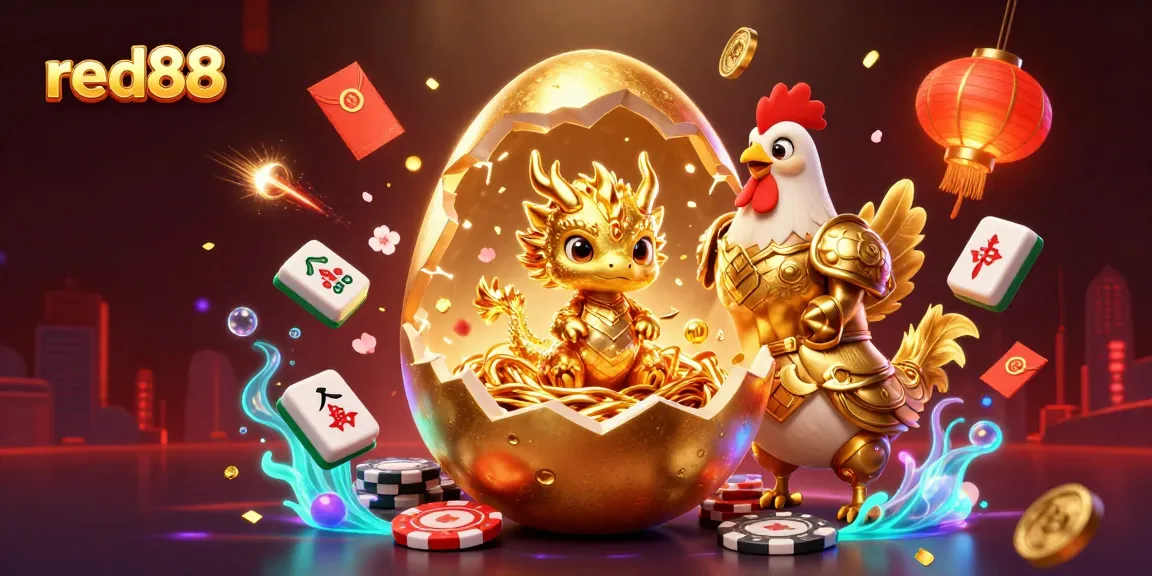 Experience the excitement of red88's online casino with a golden dragon and poker chips in a dynamic 3D illustration.