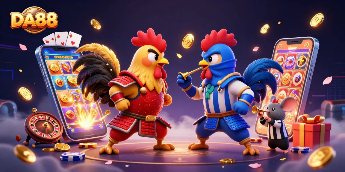 DA88 enthralls players in a combat of roosters amidst blazing casino action and vibrant game symbols.