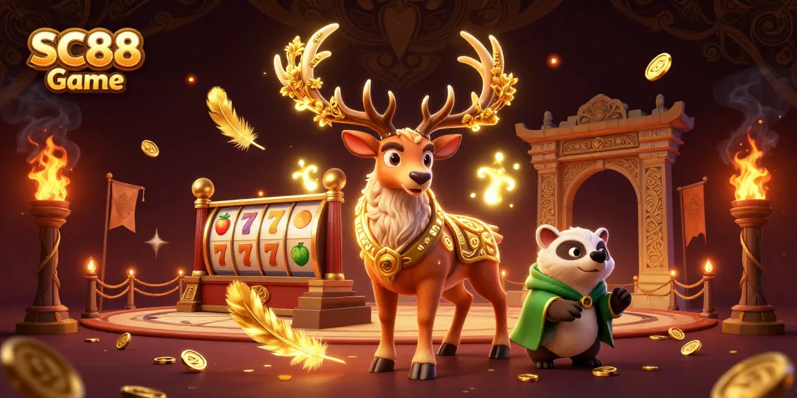 Celebrate wins at SC88 Game with vibrant slots and enchanting creatures in a magical casino scene.