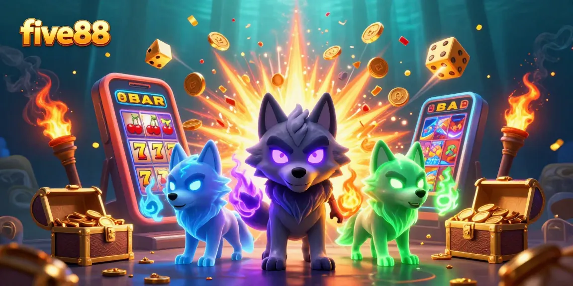 Experience thrilling gameplay at five88 with vibrant slot machines and ghostly wolf characters amidst a dynamic casino scene.