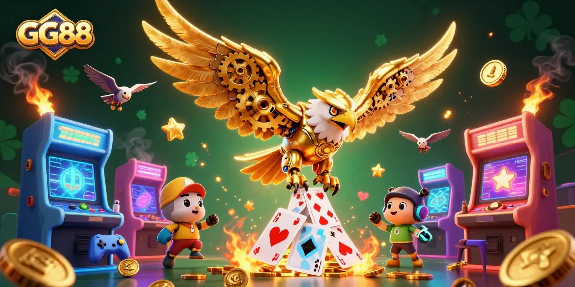 Experience the excitement of GG88 with a dazzling cybernetic eagle amidst holographic cards.