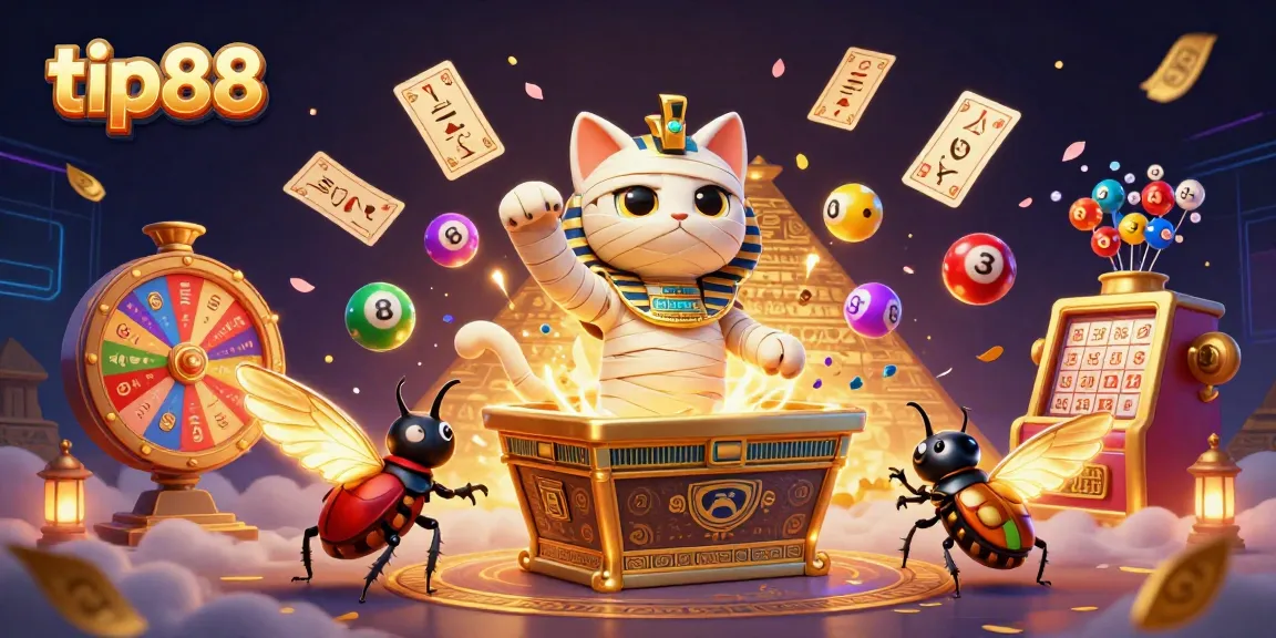 Engage with tip88's vibrant lottery adventure featuring a magical mummy cat and glowing scarab!