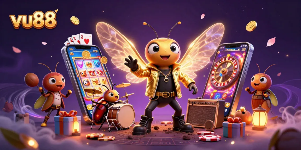 Engage with vu88's thrilling gaming experience featuring vibrant characters and captivating casino elements.