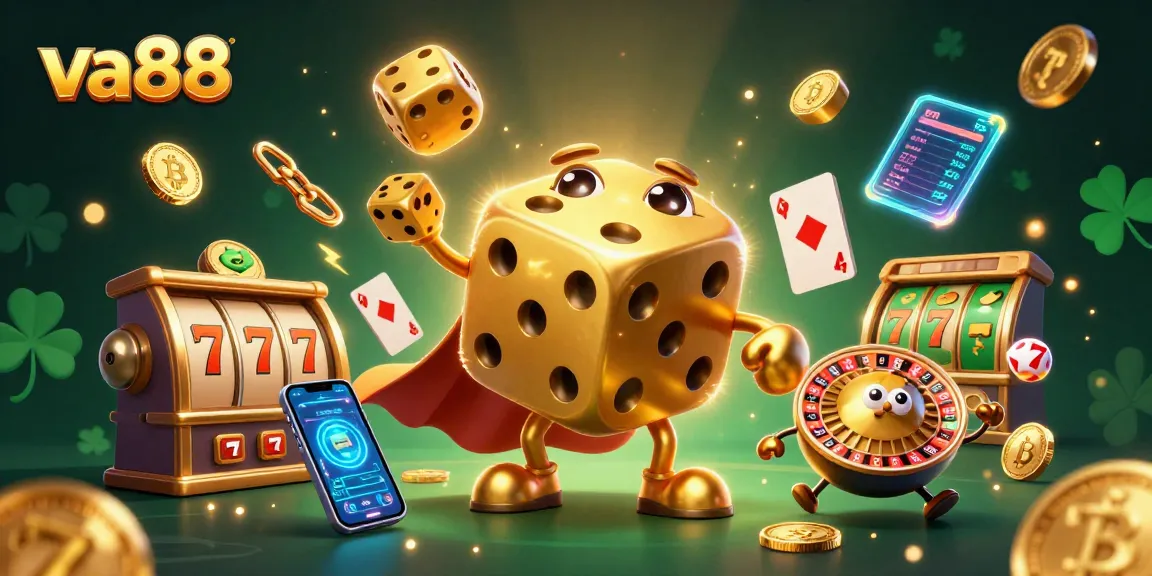 Experience thrilling slot games at va88 with our dynamic illustration featuring a golden dice golem and vibrant gaming elements.