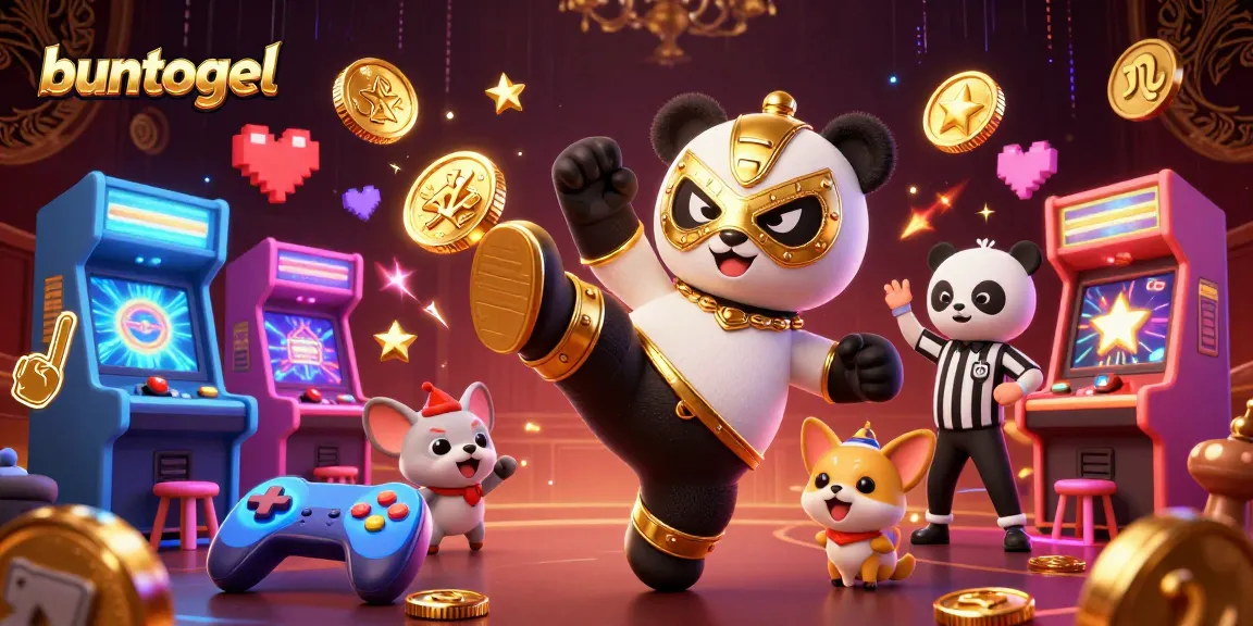 Buntogel’s exciting online betting scene with a flying panda wrestler and vibrant arcade elements.