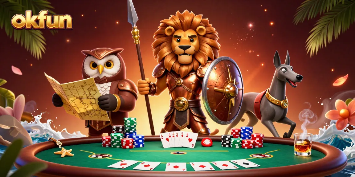Engage in thrilling poker action with okfun, showcasing a vibrant scene with iconic casino elements.