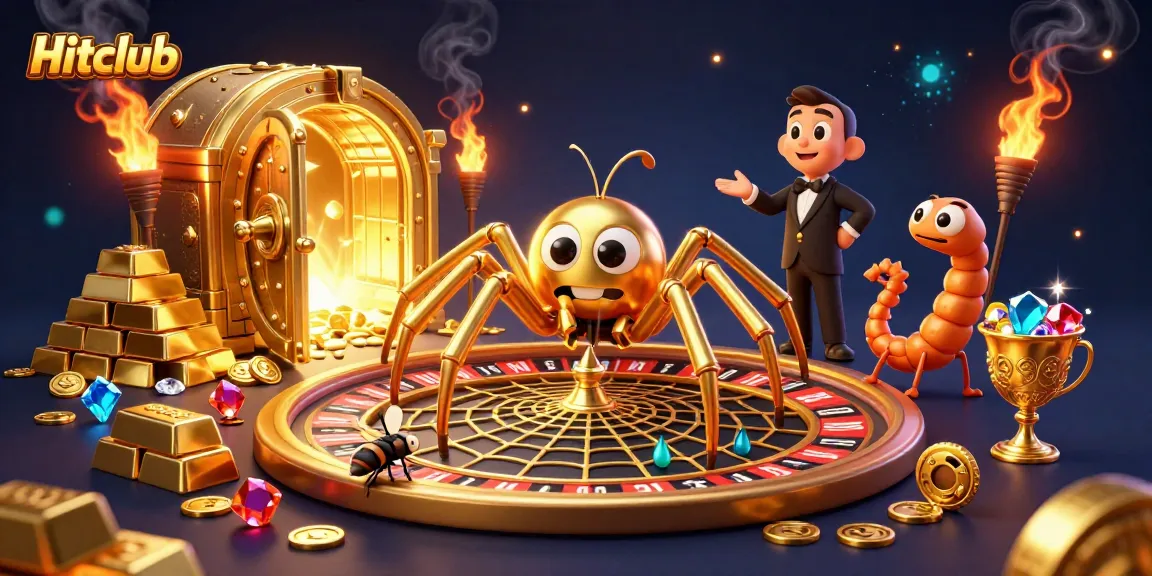 Place bets at Hitclub's casino with a 3D spider and centipede croupier amidst golden treasures.