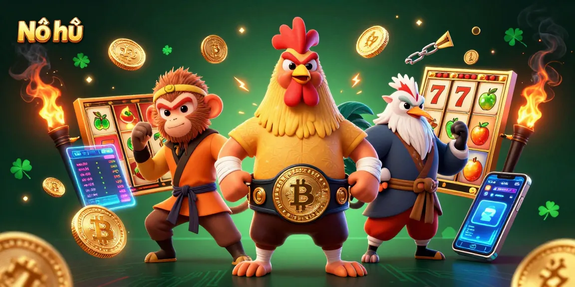 Nổ hũ players celebrating with 3D cartoon characters in a vibrant jackpot scene, surrounded by slot elements and crypto coins.